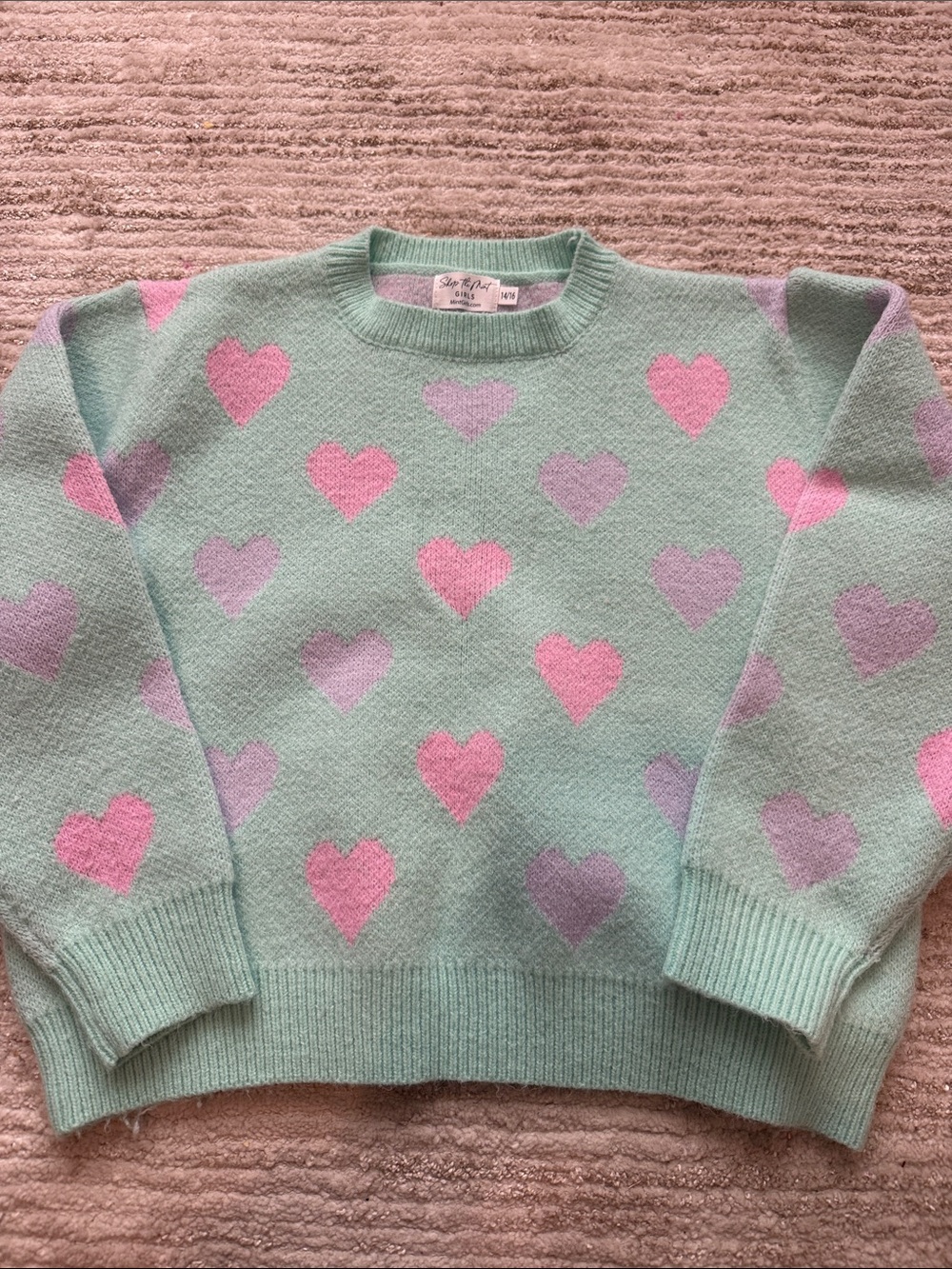 Kids Mint Heart-Print Crewneck Sweater - Pink & Lavender Hearts